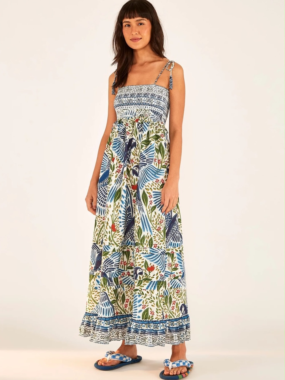 FARM Rio Blue & Green Botanical Smocked Maxi Dress